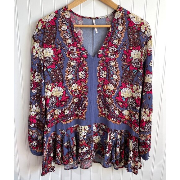 Free People Shirt Womens XS Colorful Floral Blouse Boho‎ Peasant Top Tunic - Picture 1 of 8